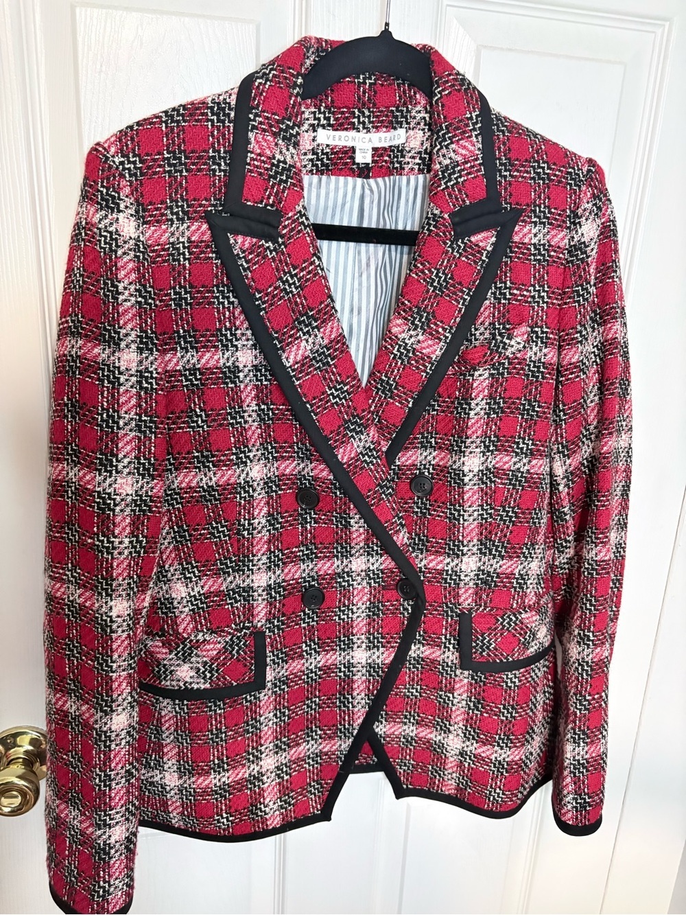 Veronica Beard | Red Plaid Tweed Double Breasted Blazer | Size 10 - Picture 3 of 12